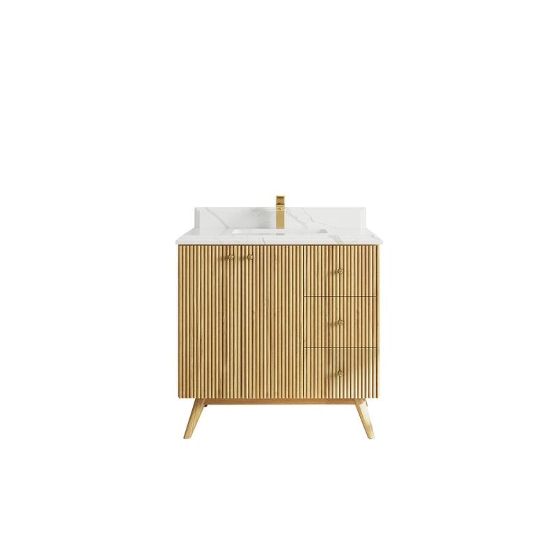 Willow Collections 36 in. W x 22 in. D Pasadena Solid Teak Center Sink Bathroom Vanity with Countertop - 1.5"Calacatta - Light Natural