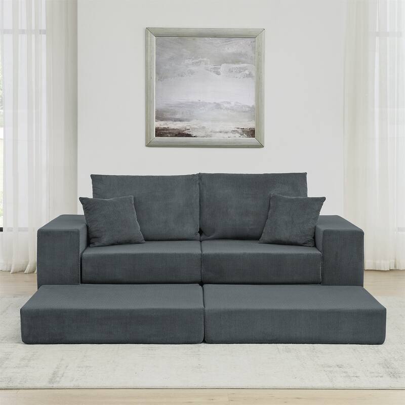 Modular Cloud Sectional Couch, Modern Upholstered L-Shaped Sofa with Removable Ottoman - Grey