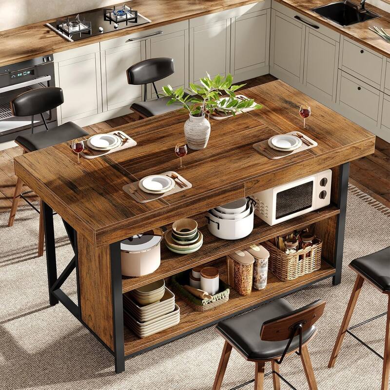 55-inch Large Kitchen Island with Storage, 3-Tier Industrial Bar Table for Kitchen, Dining Room, Brown