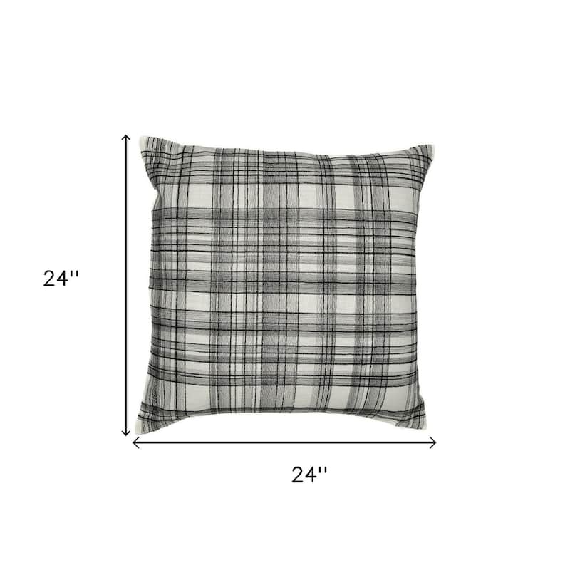 HomeRoots 24" White and Black Check Cotton Blend Throw Pillow With Embroidery