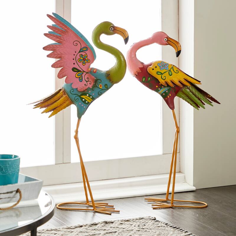 Multi Colored Metal Indoor Outdoor Embossed Standing Flamingo Decorative Garden Sculpture with Coiled U Shaped Feet (Set of 2)