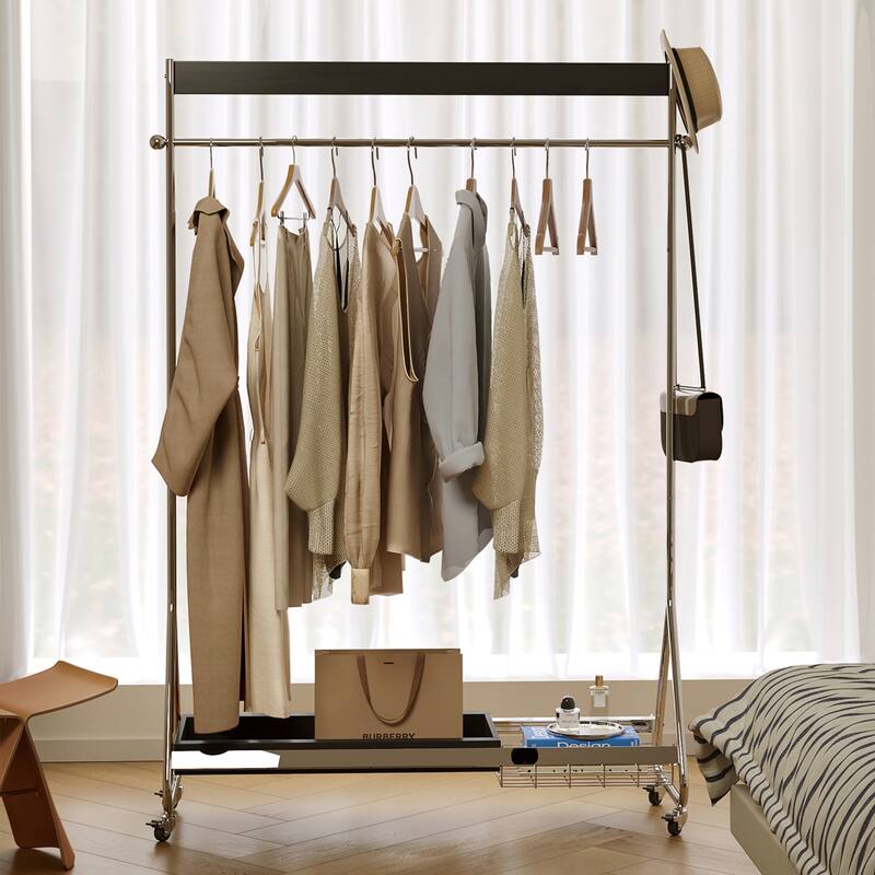 Antique American Style Clothes and Hat Rack with Storage Shelf, Portable Stainless Steel Floor Stand, for Bedroom