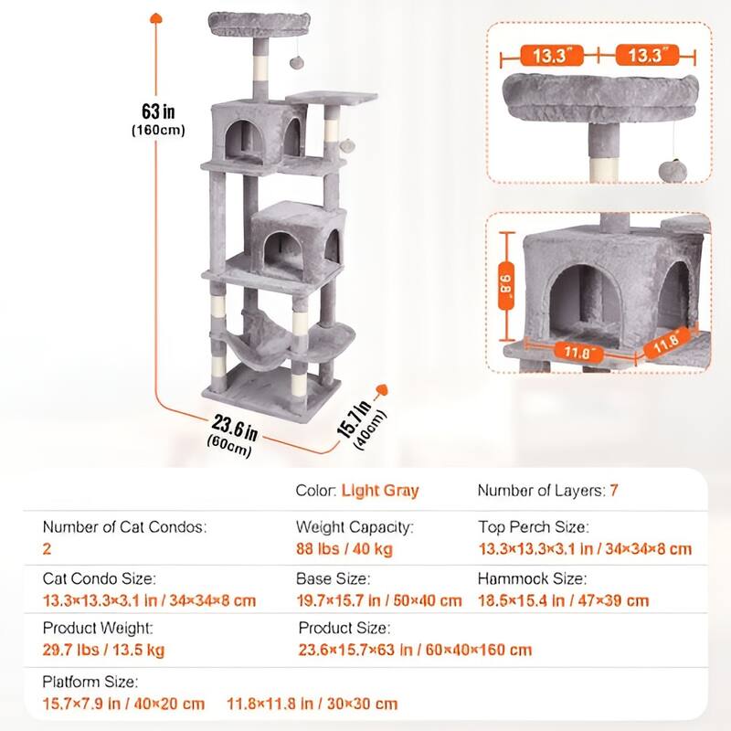 Light Grey Plush 7-Layer Cat Tree with Condos and Hammock Playhouse