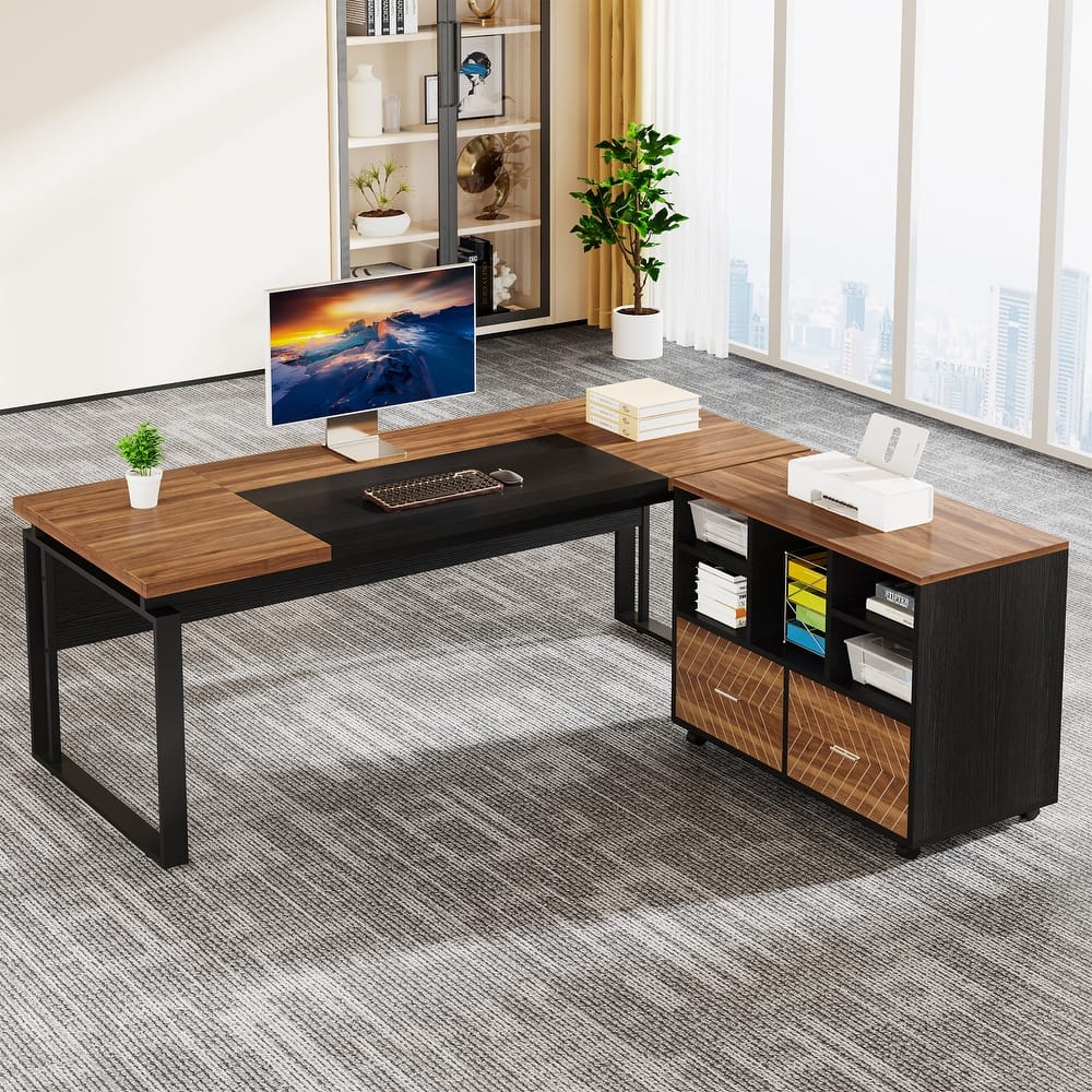 63" L-Shaped Computer Desk Executive Desks with Reversible File Cabinet and Storage Drawers for Home Office