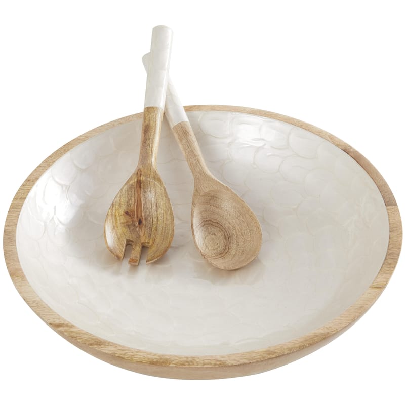 Mango Wood Handmade Decorative Bowl with Matching Salad Serving Utensils - Set of 3 Cream or Green - Roche River Decor - Cream - 15", 11", 11"W