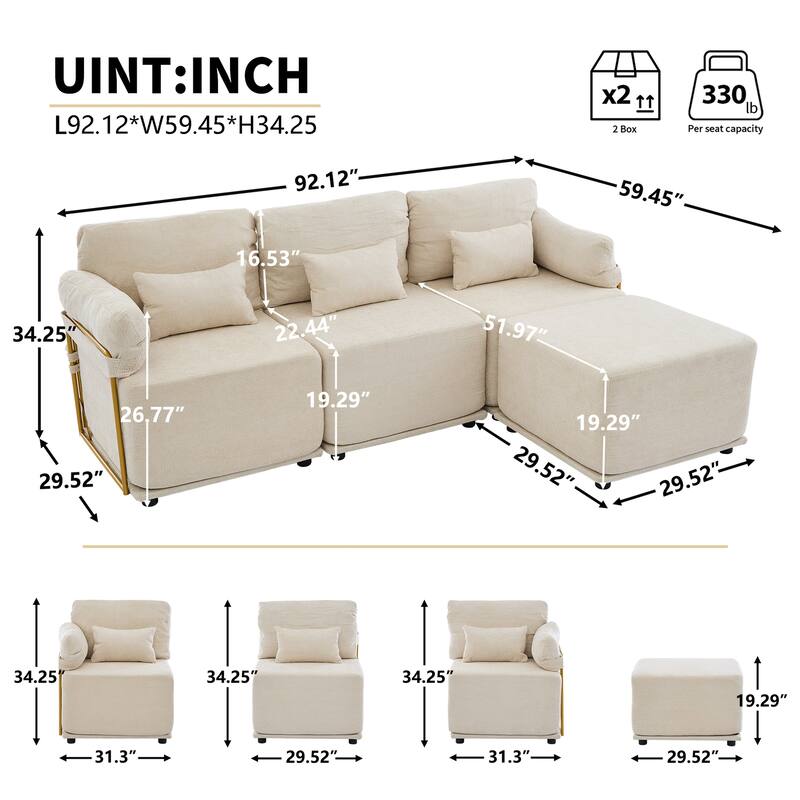 XINMICS Modular Sectional Sofa L Shaped Couch, 3 Seat Sofa Set with Ottoman, Chenille Fabric