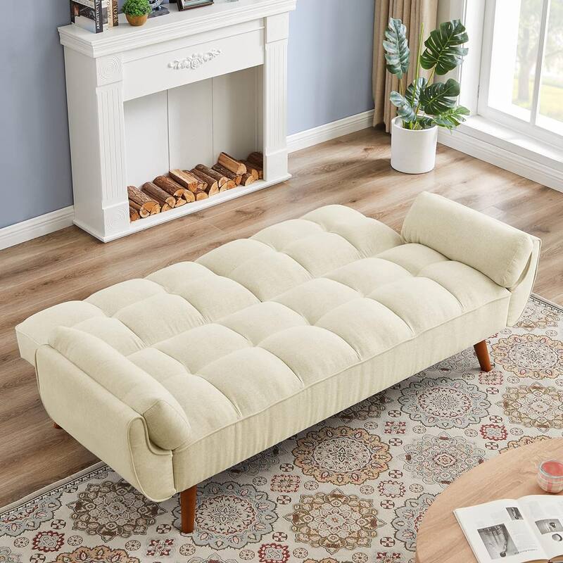 75.39 IN. Futon Sofa Bed, Convertible Upholstered Couch Sleeper with Reclining Sleeper Split Tufted Back - Beige