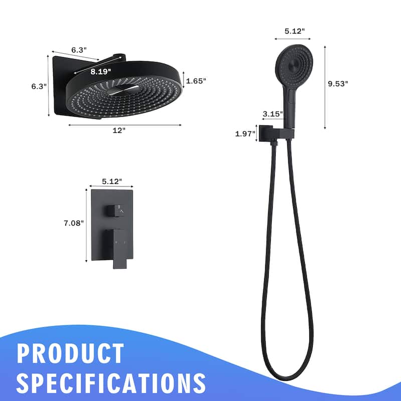 Modern Minimalist Concealed Shower System 2-Function Set - Solid Brass Control Valve, ABS Overhead & Handheld Shower