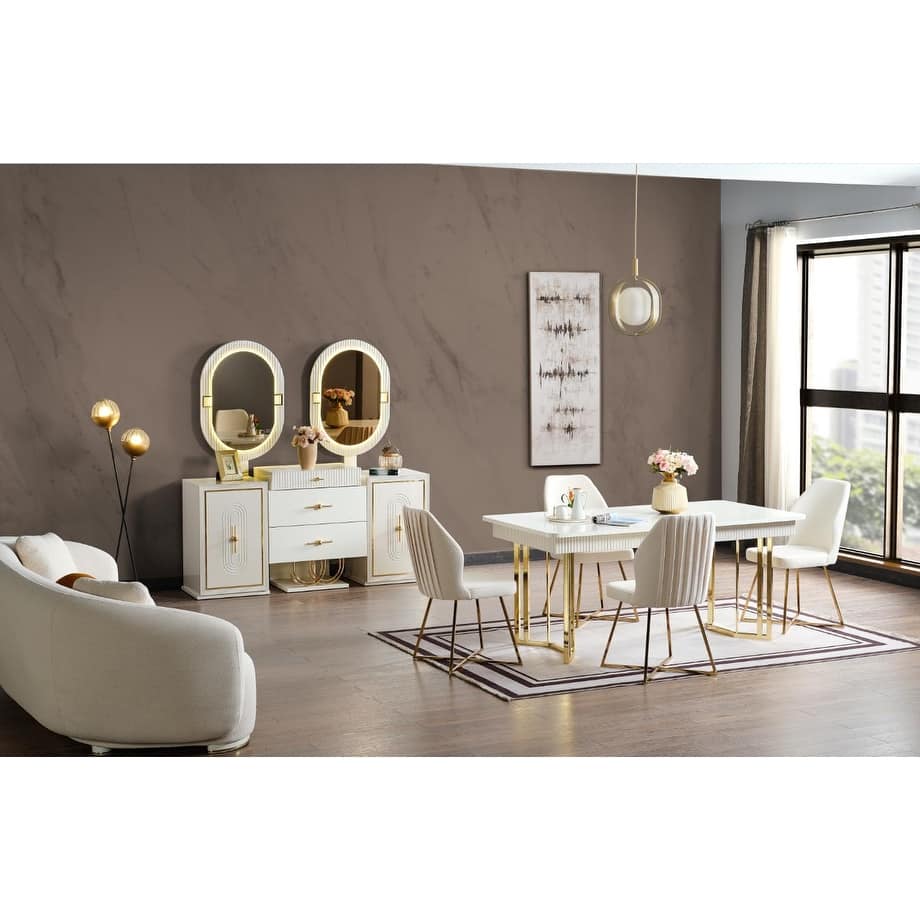 Marsille Modern Dining Room Table, 6 Dining Room Chairs and Console With Mirror Set