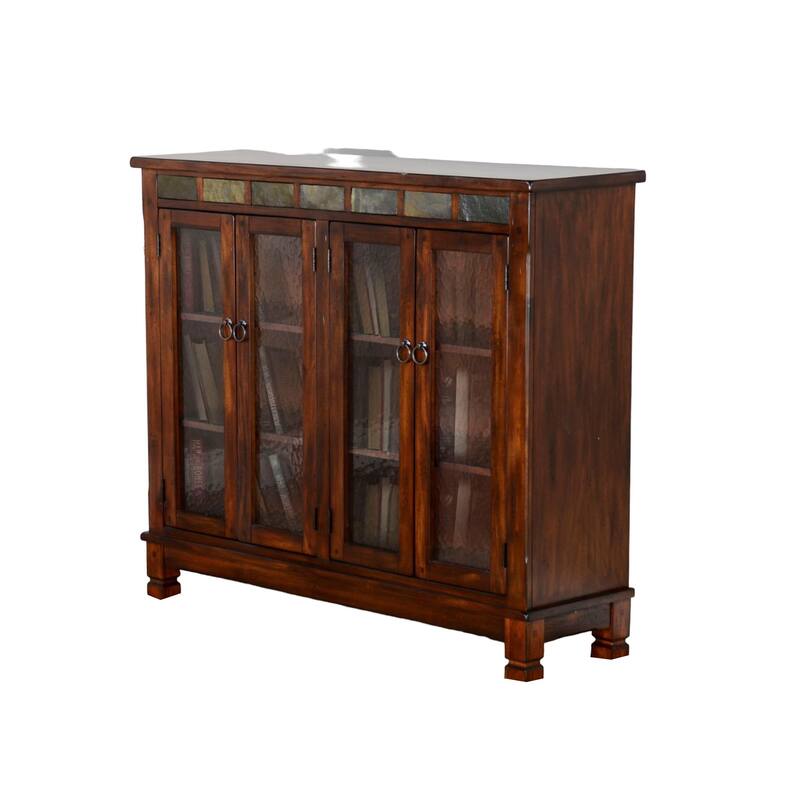 Odell Bookcase Cabinet, 4 Beehive Glass Doors, Slate Inlay Dark Brown
