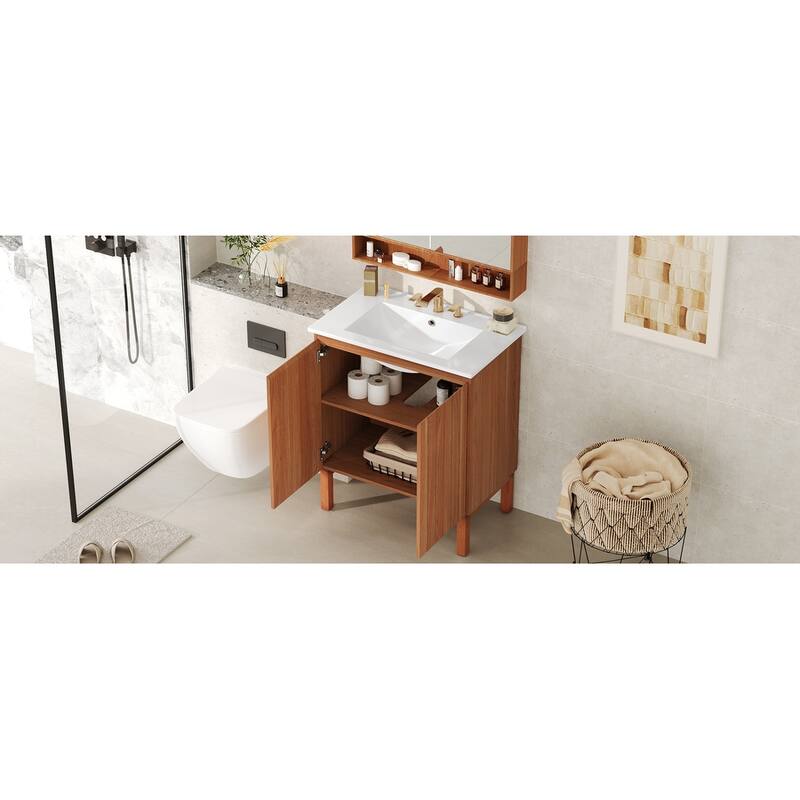Roomfitters 30" Modern Bathroom Vanity with Ceramic Sink, Minimalist Cabinet with Vertical Stripe Design, Antique Natural