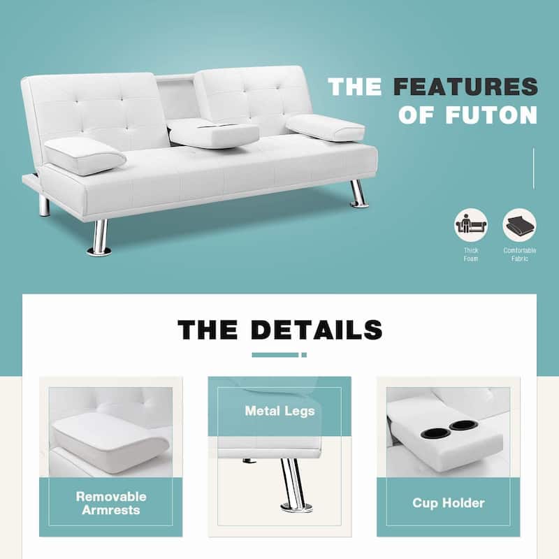 Furniwell Modern Faux Leather Futon with Cup Holders & Pillows, 65"