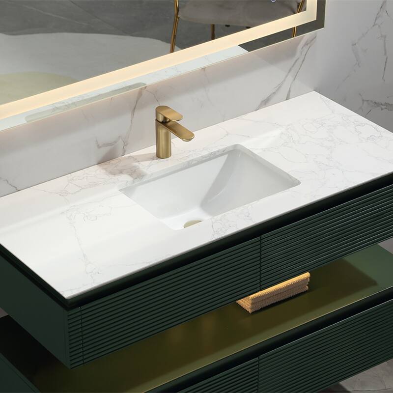 48 Inch Solid Wood Wall-Mounted Bathroom Vanity Set in Green/ White with Engineered Stone Top and Ceramic Sink