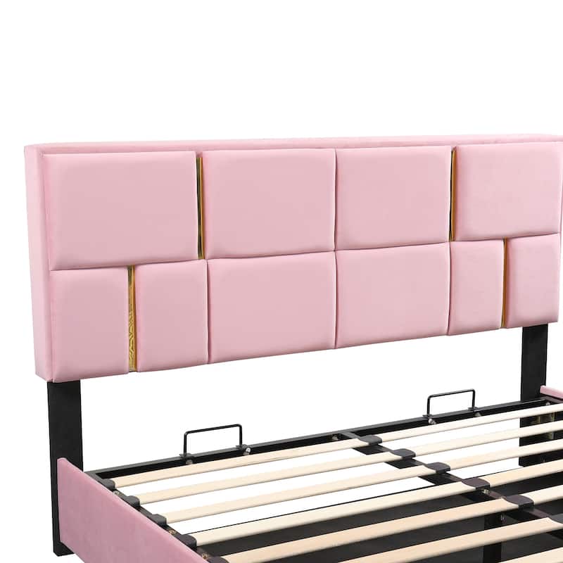 2-Pieces Bedroom Sets, Queen Size Upholstered Platform Bed with Hydraulic Storage System, Storage Ottoman with Metal Legs