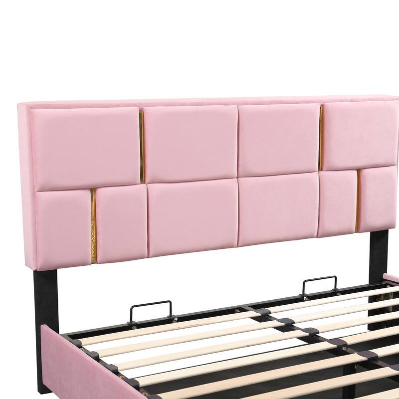 Pink Velvet Queen Bed Frame Lift Up Storage w/ PU Ottoman 2pc Sets