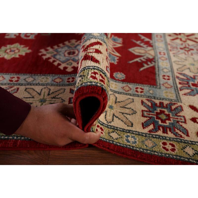 Red Geometric Kazak Rug Hand-Knotted Traditional Wool Carpet - 5'0" x 7'0"