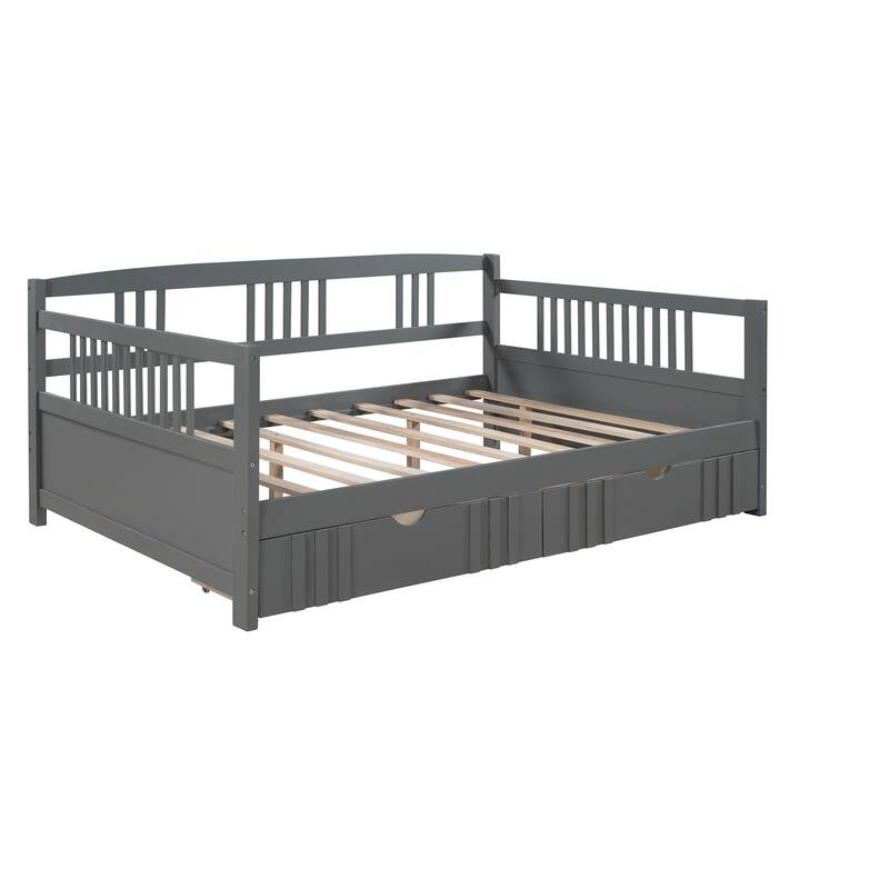 Daybed with Two Drawers, Solid Wood Frame, Guardrails, No Box Spring Needed