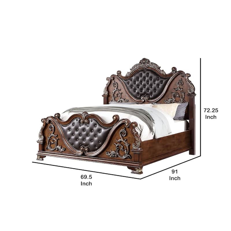 Prio Queen Bed with Carved Details, Brown Button Tufted Faux Leather