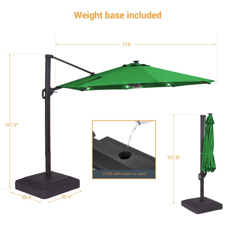 LIVOOSUN 11Ft LED Patio Hanging Octagon Cantilever Umbrella with 360-degree Rotating Canopy