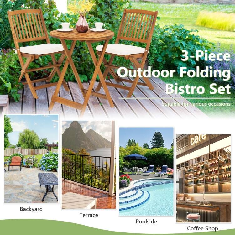 3 Pieces Patio Folding Bistro Set with Padded Cushion and Round Coffee Table - 23.5" x 23.5" x 29.5" (L x W x H)