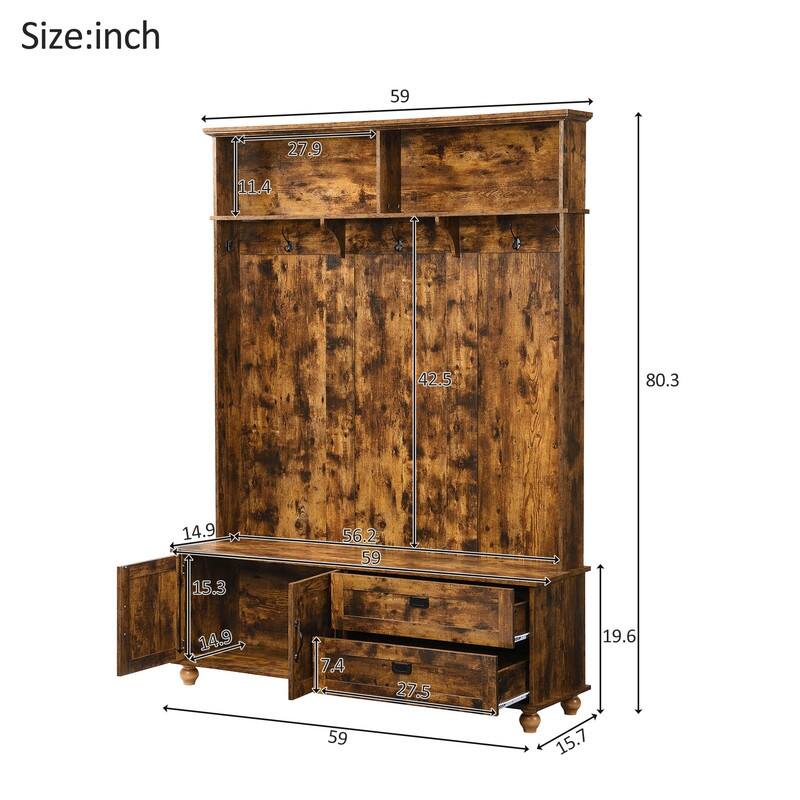 59"W Hall Tree Bench with 5 Coat Hooks,Storage Cabinet and 2 Large Drawers