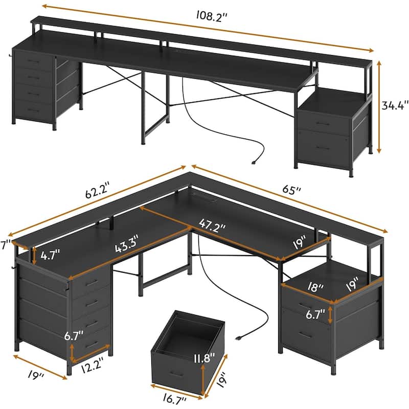L Shaped Home Office Desk with 6 Drawer File Drawer Power Outlet