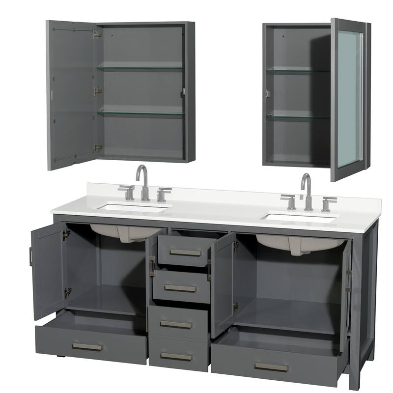 Sheffield 72-inch Double Vanity, 3 Hole Quartz Top, Med Cabinets