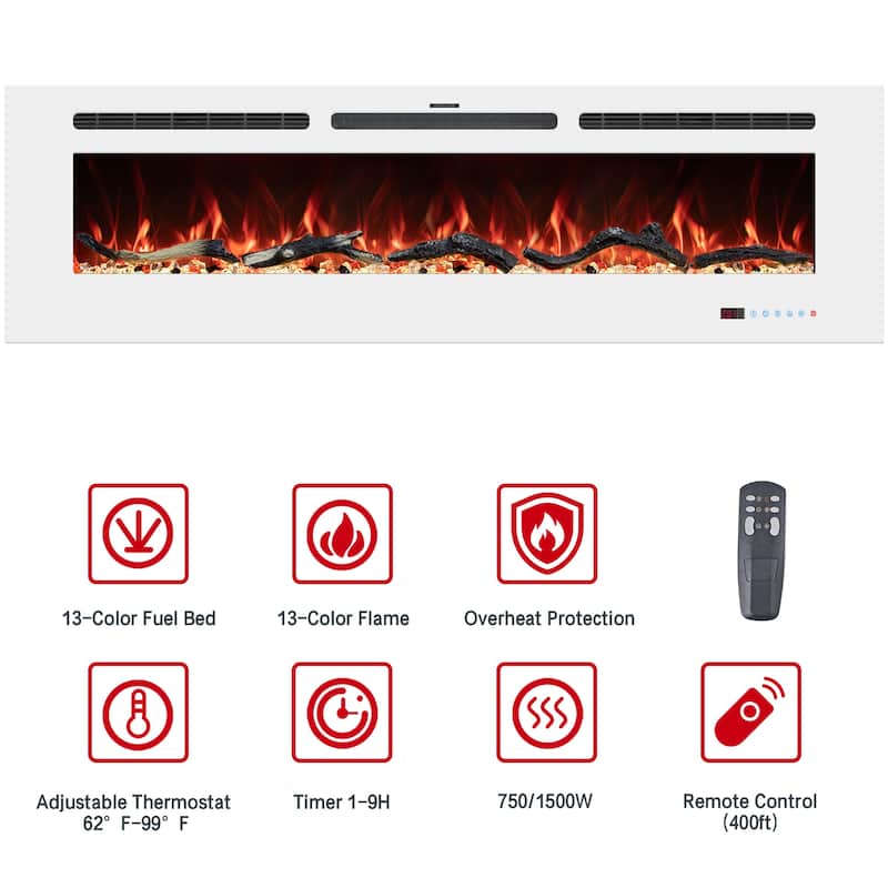 Electric Fireplace Inserts, Wall Mounted with 13 Flame Colors, Thermostat in Black