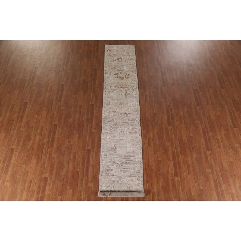 Hand Knotted Oriental 100% Wool Carpet Transitional All-Over Beige & Ivories Oushak Runner Rug - 13' 4'' X 2' 5''