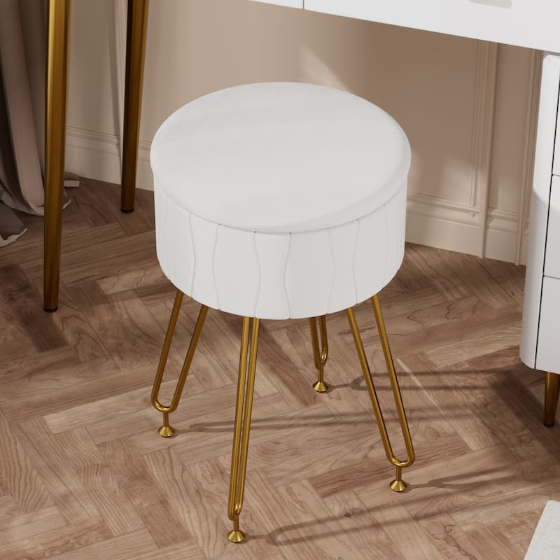 VECELO Multi-Functional Velvet Vanity Stool Chairs 18.5"H Tufted Small Stools with Metal Legs Modern Storage Footstool Ottomans - White