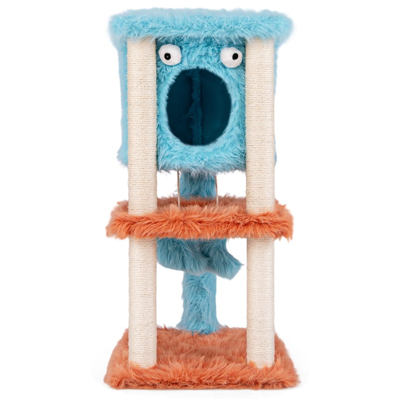 Cute Monster-Themed Cat Tower with 4 Fully Wrapped Scratching Posts and Plush Surface - 16" x 19" x 34"
