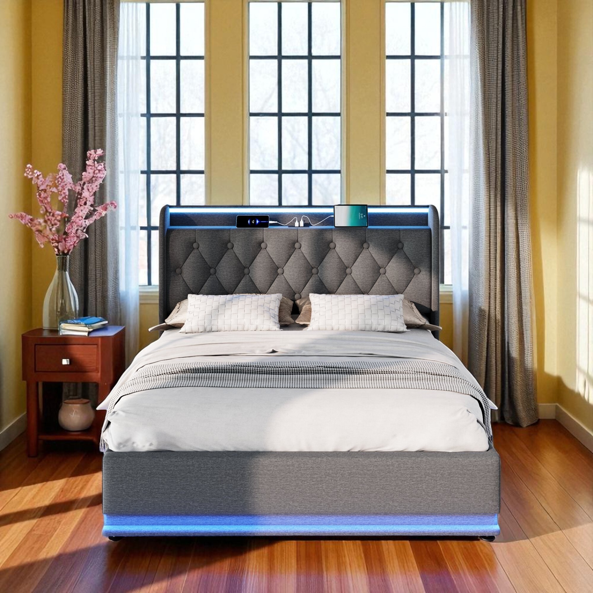 Full Size PU Upholstered Bed Frame with LED Lights, USB & Type-C Ports, Storage