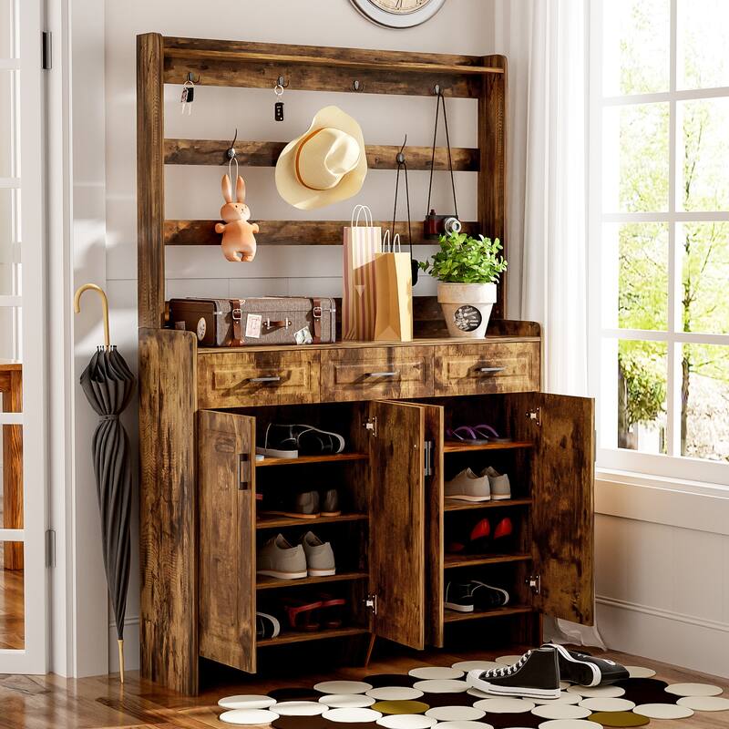 Roomfitters 51.2" Shoe Cabinet with Coat Rack, 4 Doors, 3 Drawers, 8 Shelves, Storage Organizer