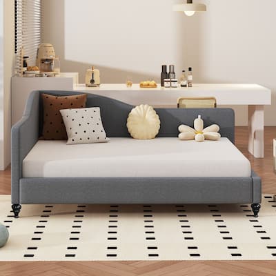 Full Size L-Shaped Linen Daybed with Solid Wood Legs
