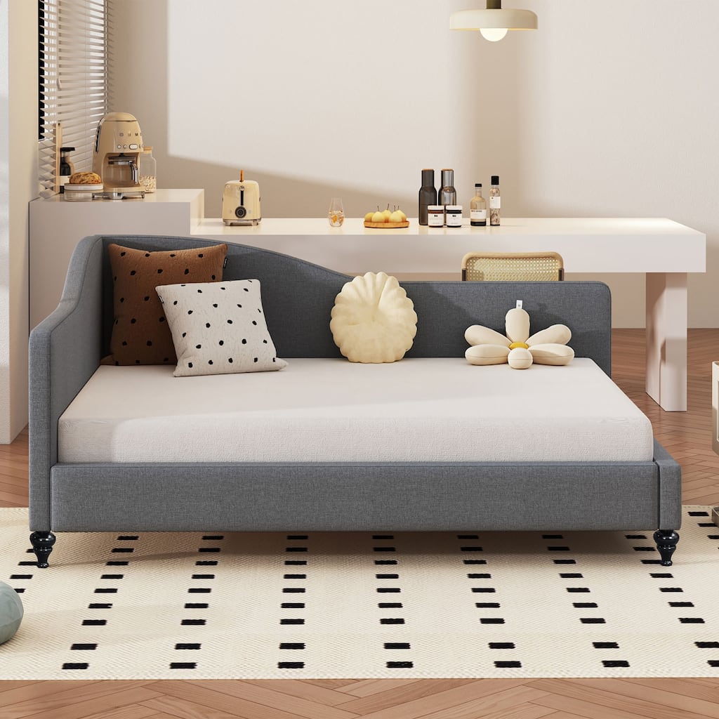 Full Size L-Shaped Linen Daybed with Solid Wood Legs