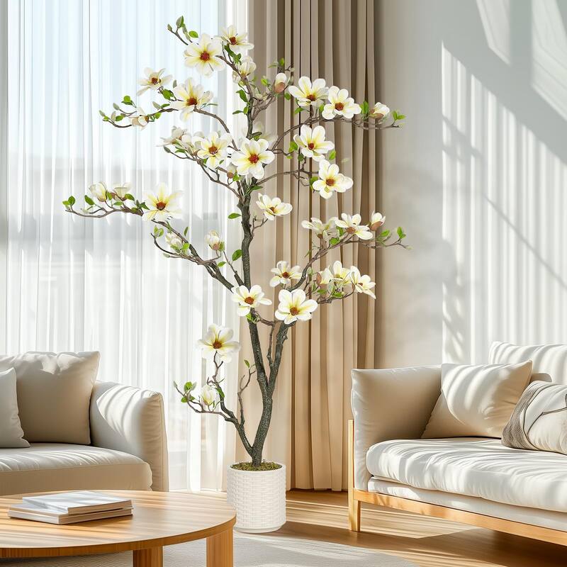 Artificial Magnolia Tree with Realistic White Flowers & Lush Green Leaves