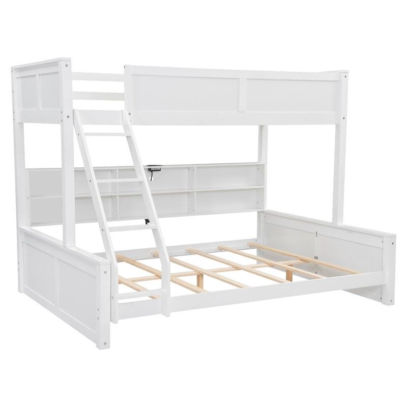 Twin XL / Full XL over Queen Bunk Bed with Open Cabinets and Charging Station, Storage Kids Bed Frame with Ladder