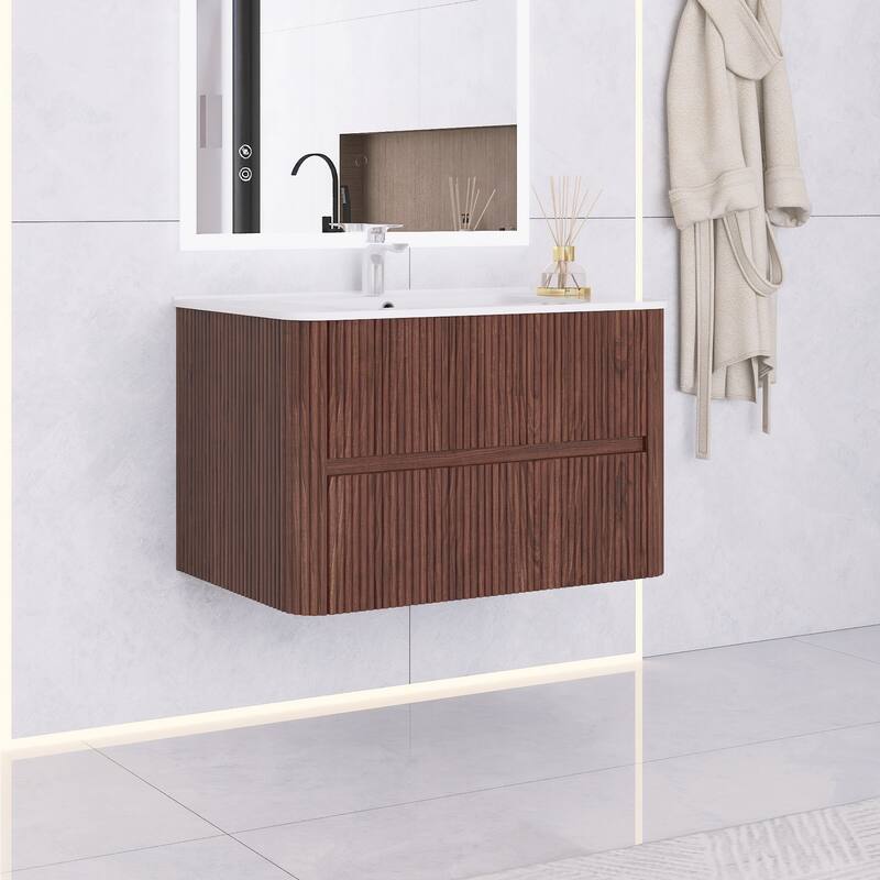 Wall-Mounted Bathroom Vanity in Walnut with Integrated White Ceramic Sink