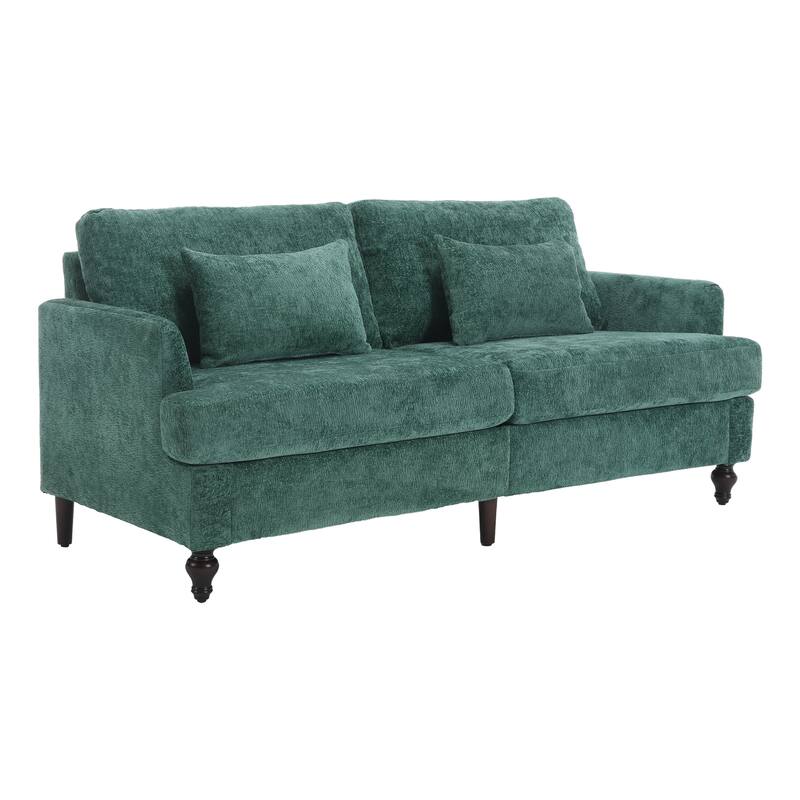 Green 68.9" Chenille 2 Seater Sofa with Detachable Cushions, Solid Wood Frame, and 2 Pillows