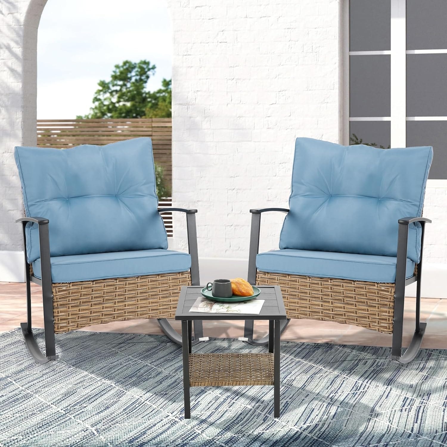 Outsunny 4 Piece Wicker Patio Furniture Set With 2 Rocking Chairs, Loveseat Sofa, Outdoor PE Rattan Conversation Set With Cushions, Aluminum Table For Porch, Poolside, Dark Gray