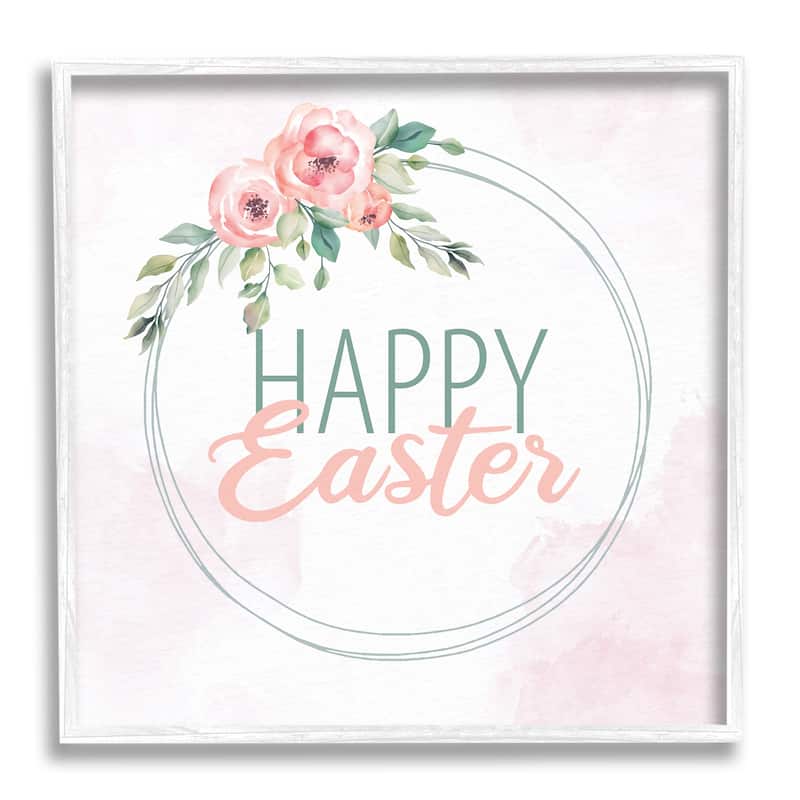 Stupell Happy Easter Round Floral Border Pastel Pink Design Framed Wall Art, Design by Kim Allen - 12 x 12 - White