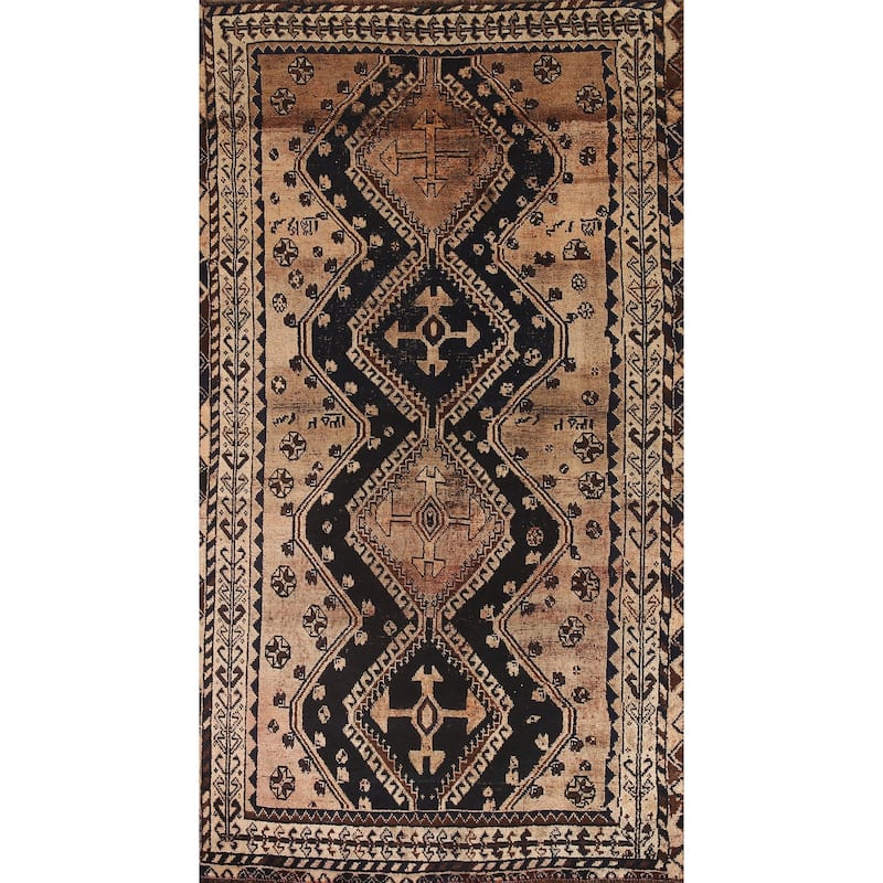 Hand Knotted Oriental 100% Wool Carpet Traditional Tribal Black Qashqai Area Rug - 7' 8'' X 4' 4''