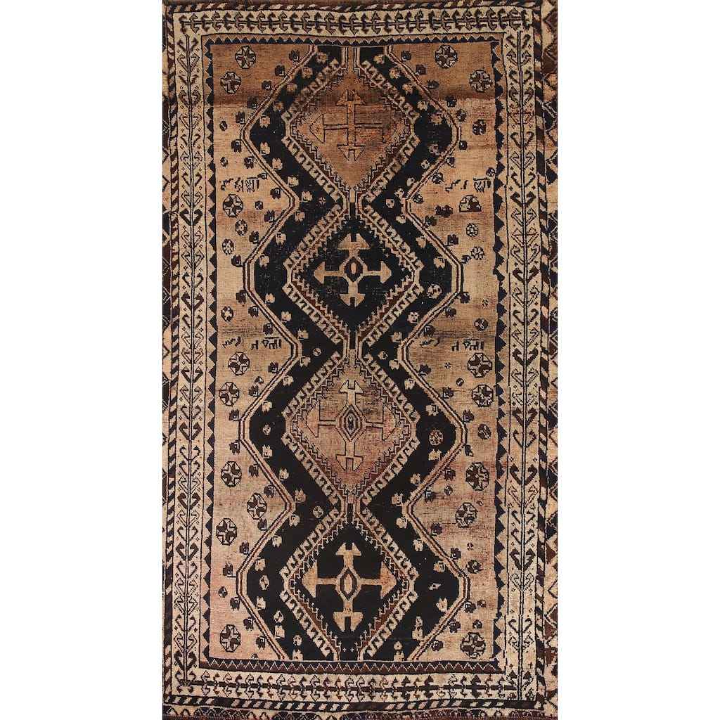 Hand Knotted Oriental 100% Wool Carpet Traditional Tribal Black Qashqai Area Rug - 7' 8'' X 4' 4''
