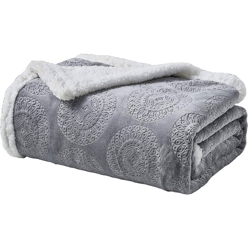 Bon Iver Collection by Décor&More Extra Soft Mandala Embossed Microplush Throw Blanket with Sherpa Backing (50" x 60") - Grey
