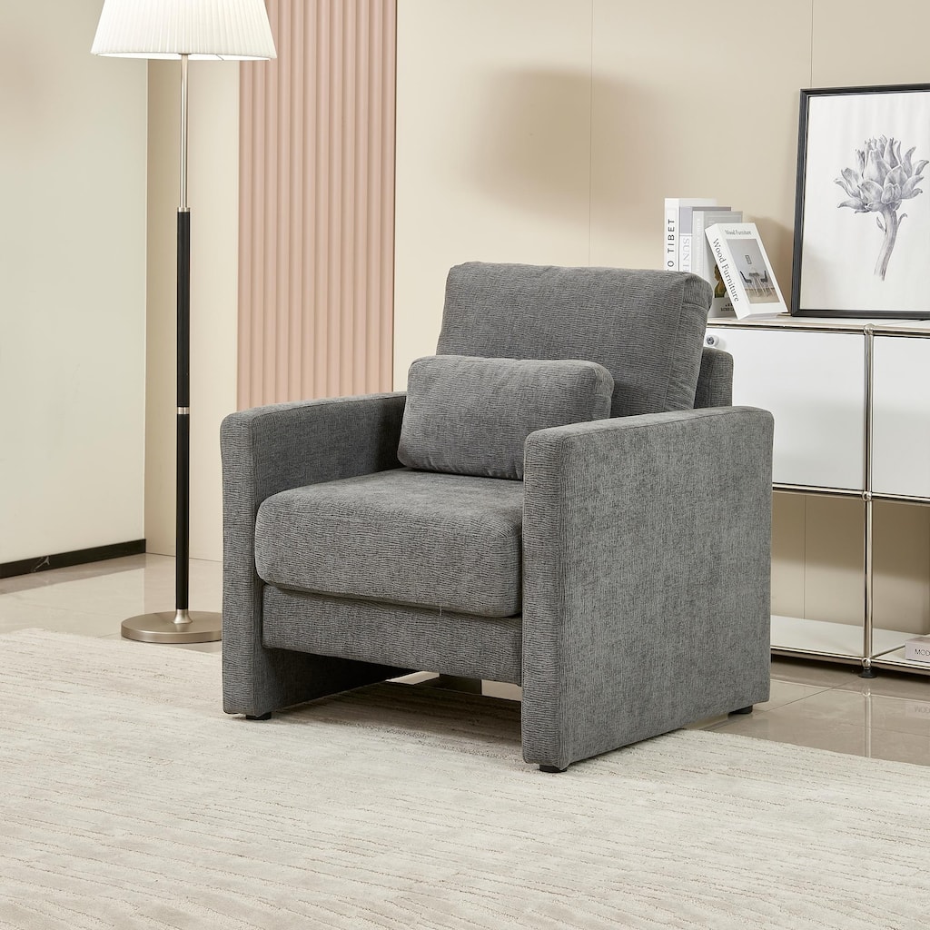 Gray Modern 31.49" Chenille Upholstered Arm Chair with Solid Wood Frame for Living Room