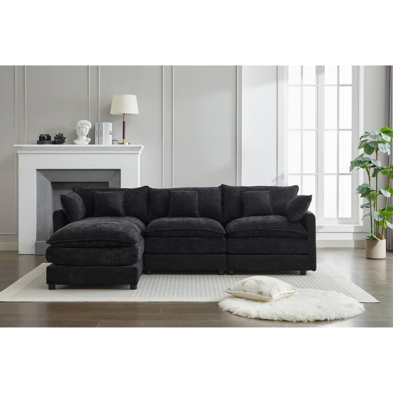 Minimalist Chenille Modular Sectional Sofa, 3-Seater L-Shaped Couch with Movable Ottoman, Upholstered Sofa for Living Room - Black