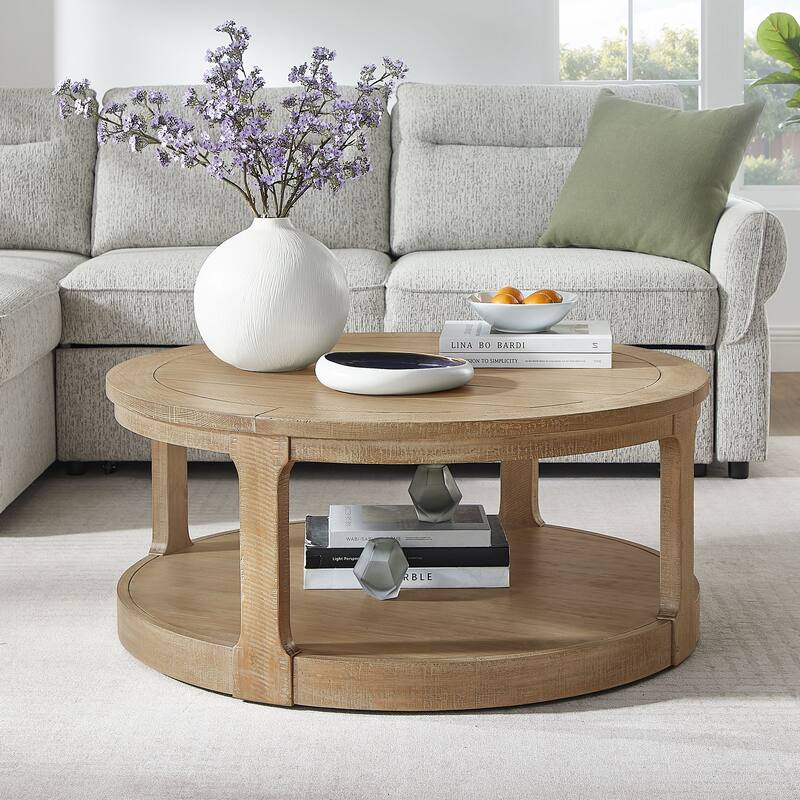 Mid-Century Rustic Style 40inch Large Curved 2 Tier Round Circle Wooden Center Coffee Table