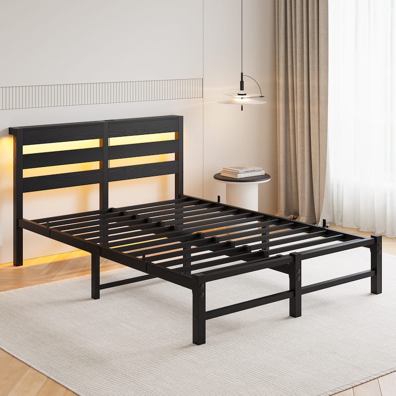 Full Size Modern Metal Bed with Wooden Headboard, RGB Lights, and Storage Shelf