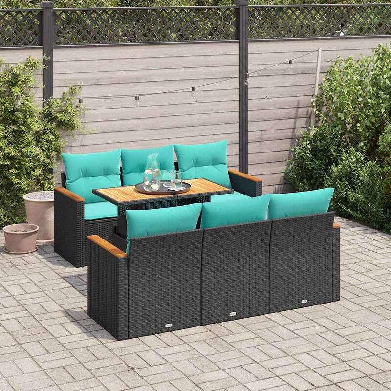 vidaXL Patio Sofa Set with Cushions Lounge Seating 7 Piece Poly Rattan Acacia - 21.7 x 24.4 x 27.2