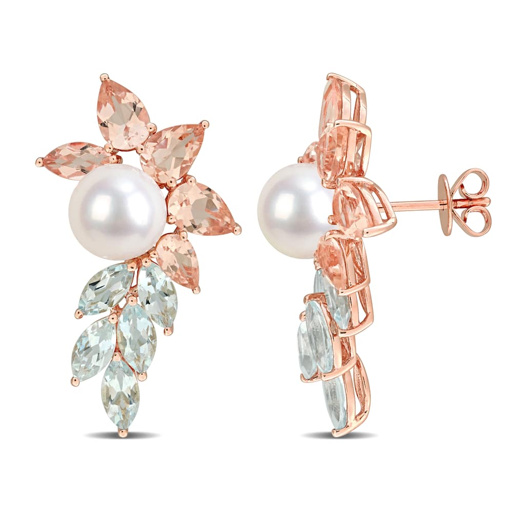 Miadora Cultured Freshwater Pearl and Gemstone Stud Earrings 14k Rose Gold or Yellow Silver